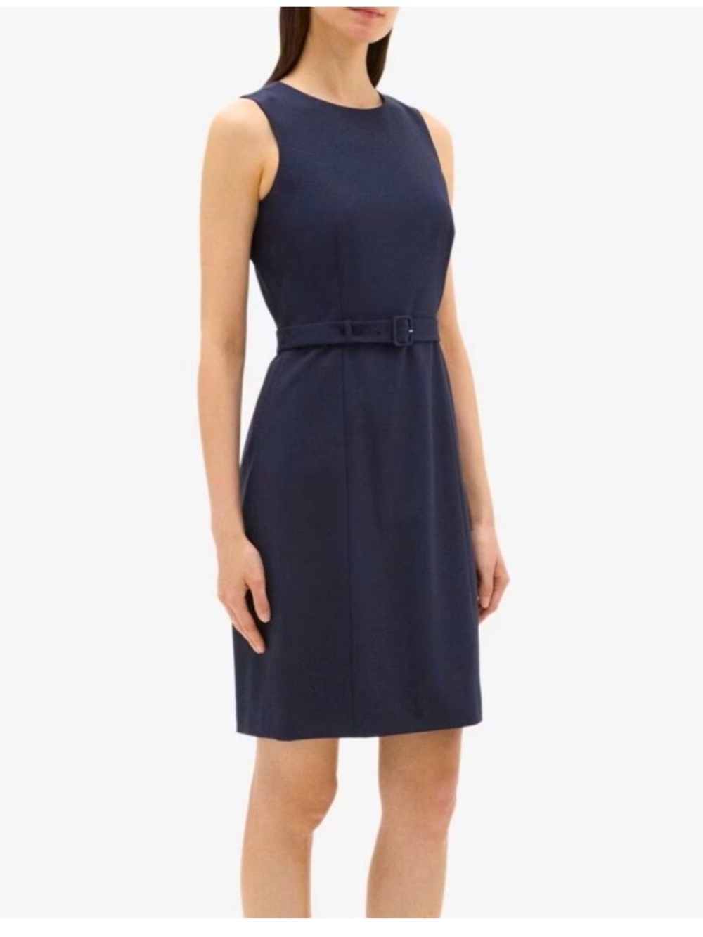 Theory Vaille Sevona Navy Wool Sleeveless Belted Dress